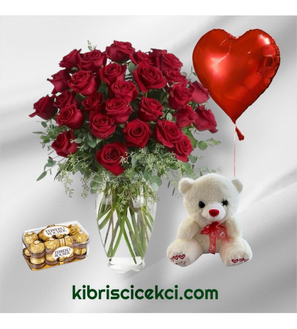 Vazoda 27 Kırmızı Gül Ayıcık 16'lı Ferrero Çikolata Kalp Helyum Balon